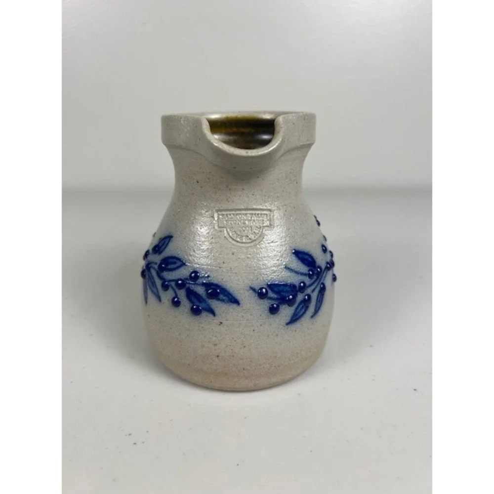 Salmon Falls Stoneware 2001 Small Pitcher Creamer Blue Berry Vine Salt Glazed NH